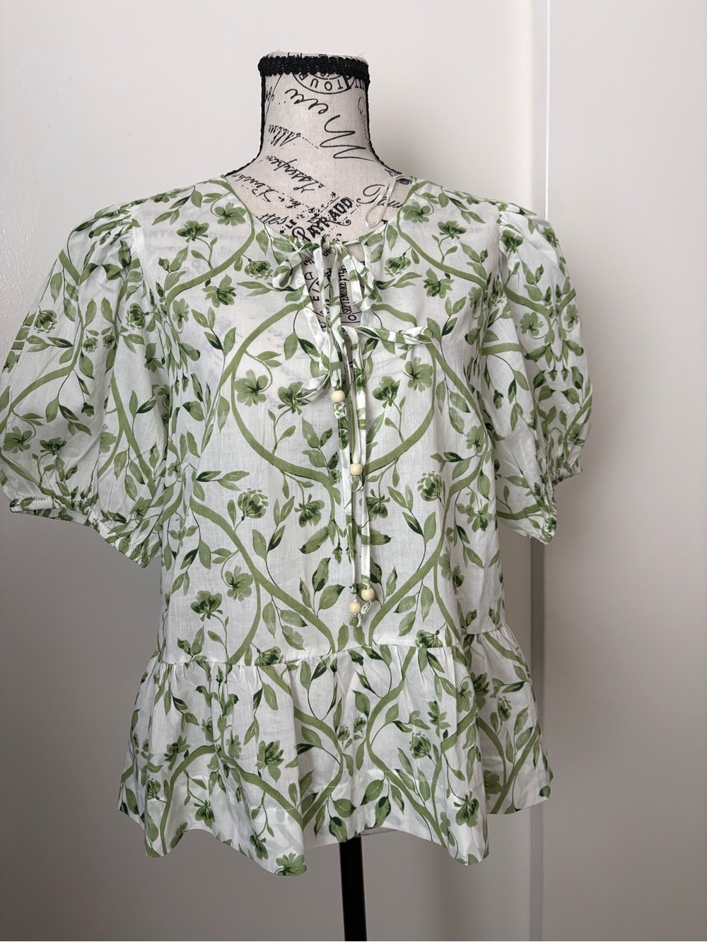 CeCe White Blouse with Green Floral Tie-Front Peplum